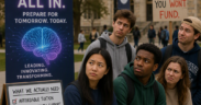 AI-generated image: Students side-eye colleges hyping AI while ignoring their real needs