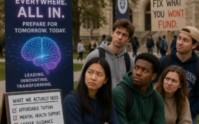 AI-generated image: Students side-eye colleges hyping AI while ignoring their real needs