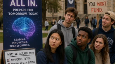 AI-generated image: Students side-eye colleges hyping AI while ignoring their real needs