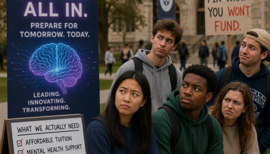 AI-generated image: Students side-eye colleges hyping AI while ignoring their real needs