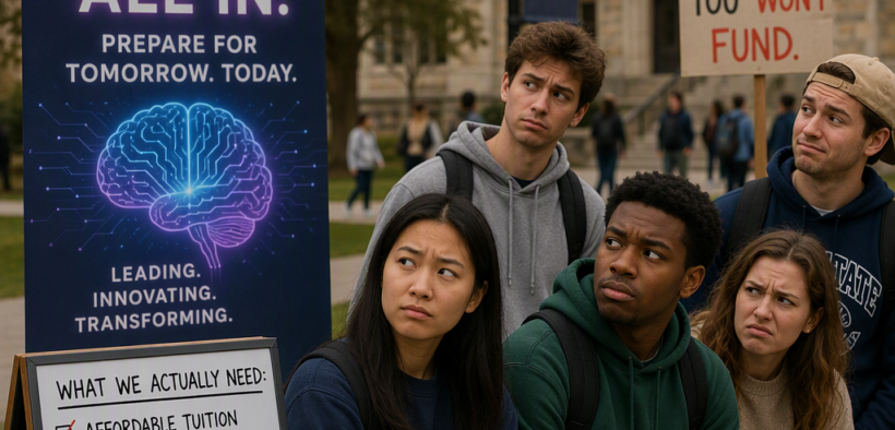 AI-generated image: Students side-eye colleges hyping AI while ignoring their real needs